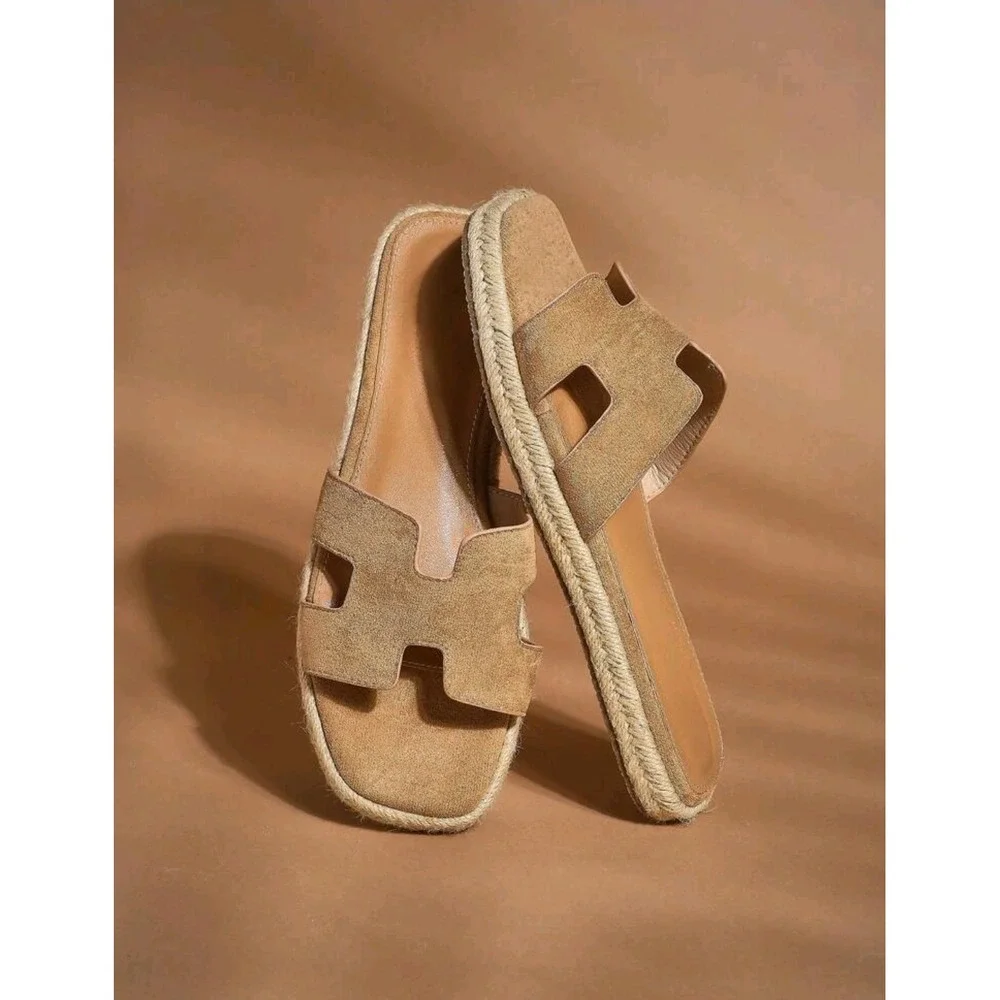 Womens Espadrille Style Sandals Beige Slides Slip Ons Summer Shoes‎ size 8 us